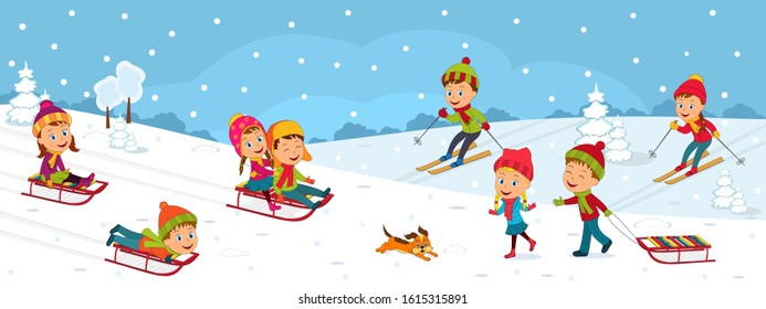 kids,boys and girls play outdoor in winter, go skiing, sledding on the winter background