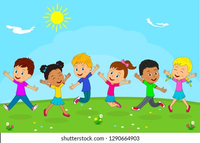 kids,boys and girls playing on a summer background, illustration, vector