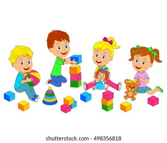 kids,boys and girls are playing with toys,illustration,vector