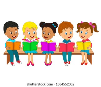 kids,boys and girls read books sit on the bench, illustration, vector