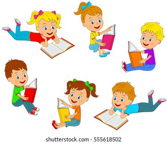 kids,boys and girls  reading a book collection, illustration, vector