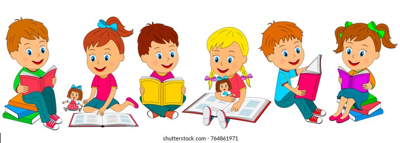 kids,boys and girls  reading a book collection, illustration, vector