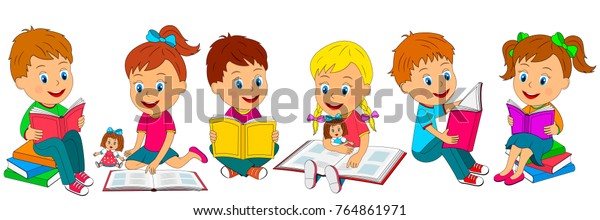 Kidsboys Girls Reading Book Collection Illustration Stock Vector ...