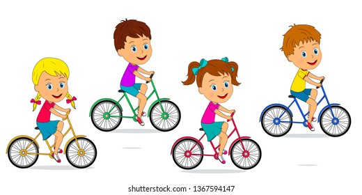 Kids,boys And Girls Ride A Bike On A White Background, Illustration, Vector