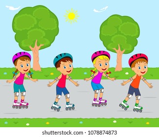 kids,boys and girls riding on roller skates, illustration,vector