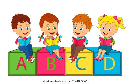 kids,boys and girls sit on the cubes and read the book, illustration, vector
