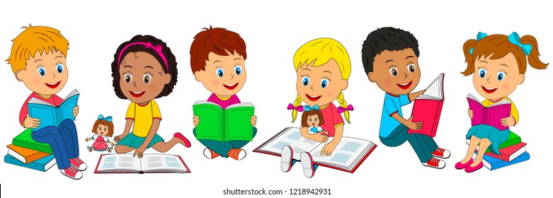 kids,boys and girls sit on the floor and reading  books collection, illustration, vector