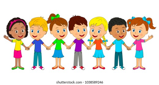 kids,boys and girls are standing and holding hands,illustration,vector