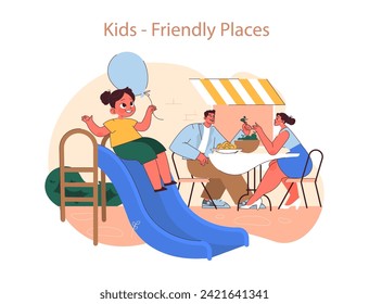 Kids-Friendly Places concept. A vibrant illustration showing a joyful family dining experience at a restaurant with a playground for children.