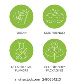 Kids-friendly, Vegan, Eco-friendly packaging, No artificial flavors. Circular icons set for labeling of safe and healthy products.