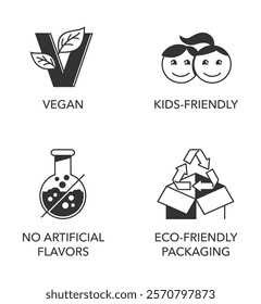 Kids-friendly, Vegan, Eco-friendly packaging, No artificial flavors. Flat icons set for labeling of safe and healthy products. in monochrome style