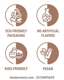 Kids-friendly, Vegan, Eco-friendly packaging, No artificial flavors. Flat icons set for labeling of safe and healthy products. in bold line and semicircular background