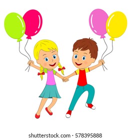 kids,little boy and girl jump with balloons,illustration,vector