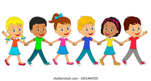 Kidslittle Boys Girls Go Holding Handsillustrationvector Stock Vector ...