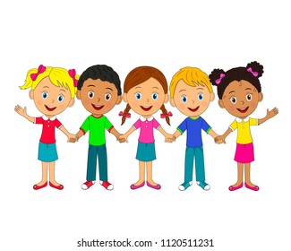 kids,little boys and girls are standing and holding hands,illustration,vector