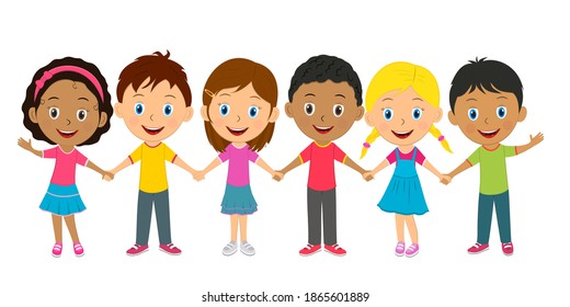 kids,little boys and girls are standing and holding hands,illustration,vector