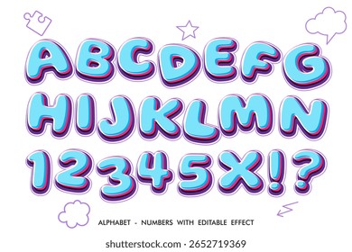Kids-themed alphabet and numbers. ABC and 123 with cute and fun fonts. Editable vector illustration