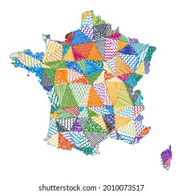 Kid-style map of France with hand-drawn polygons in the shape of France. Vector illustration.