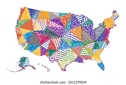 Mapa de estilo infantil de EEUU. Polígonos dibujados a mano en forma de Estados Unidos. Ilustración vectorial.