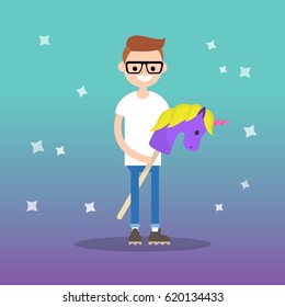 Kid-ult (kid + adult) conceptual illustration: young adult riding a hobby horse / flat editable vector illustration