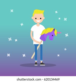 Kid-ult (kid + adult) conceptual illustration: young adult riding a hobby horse / flat editable vector illustration