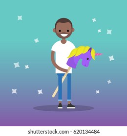 Kid-ult (kid + adult) conceptual illustration: young black adult riding a hobby horse / flat editable vector illustration