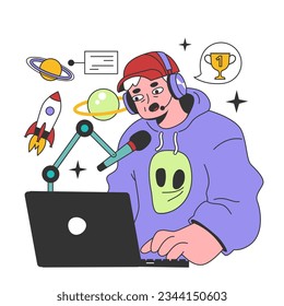 Kidult. Man keeping his childhood passion or interest. Adult character playing videogames. Gamer in a headphones with a gamepad. Modern hobby and entertainment. Flat vector illustration