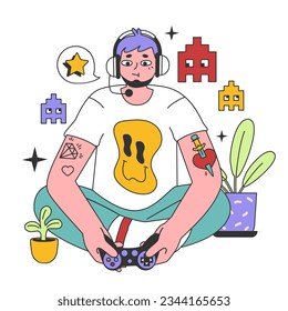 Kidult. Man keeping his childhood passion or interest. Adult character playing videogames. Gamer in a headphones with a gamepad. Modern hobby and entertainment. Flat vector illustration