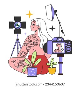 Kidult. Old woman keeping her childhood passion or interest. Senior character vlogging on social media. Grandma creating funny entertaining content. Flat vector illustration