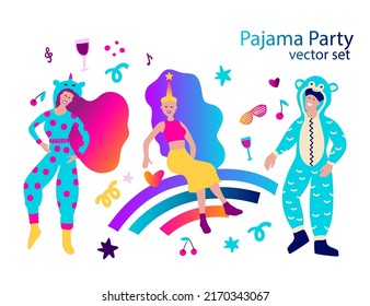 Kidult prank girl and boy human vector character set. Man and woman pajama party 