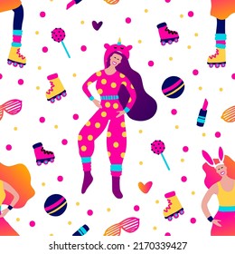 Kidult prank pajama party 80s human vector seamless pattern. Cartoon illustration