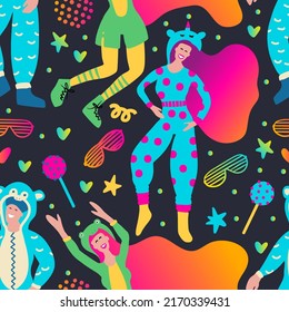 Kidult prank pajama party 80s human vector seamless pattern. Cartoon illustration