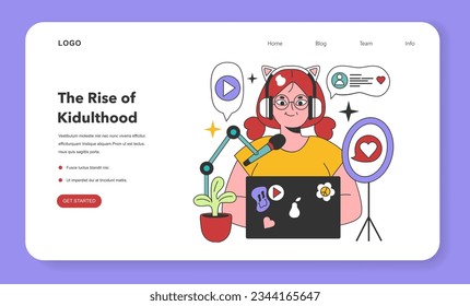Kidult web banner or landing page. Woman keeping her childhood passion or interest. Adult character vlogging on social media. Streamer creating funny entertaining content. Flat vector illustration