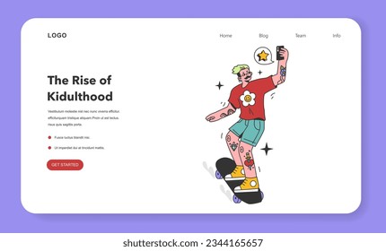 Kidult web banner or landing page. Man keeping his childhood passion or interest. Adult character skateboarding and taking a selfie. Stylish man holding a smartphone. Flat vector illustration