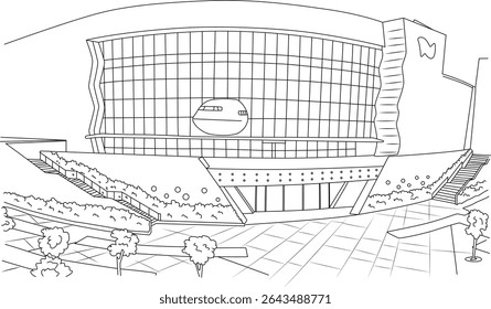Kidzania Kuala Lumpur Building Line Art Illustration, Black and white line drawing illustration of the exterior facade of the Kidzania building in Kuala Lumpur, Malaysia. Depicts the unique