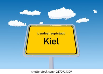 Kiel city sign in Germany. City limit welcome road sign. Landeshauptstadt means State Capital in German language.