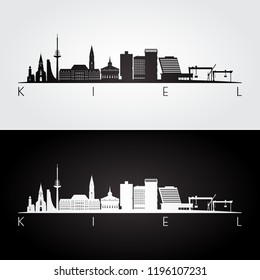 Kiel skyline and landmarks silhouette, black and white design, vector illustration.