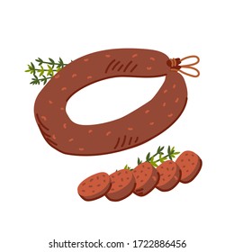 Kielbasa sausage. Meat delicatessen on white background. Slices of typical polish U-shaped smoked sausage. Simple flat style vector illustration