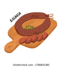Kielbasa sausage. Meat delicatessen on white background. Slices of typical polish U-shaped smoked sausage on a wooden cutting board.. Simple flat style vector illustration