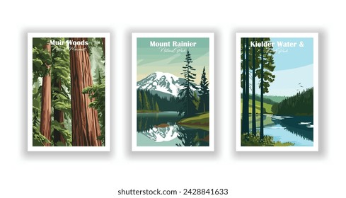 Kielder Water and Forest Park. Mount Rainier National Park. Muir Woods, National Monument - Vintage travel poster. Vector illustration. High quality prints