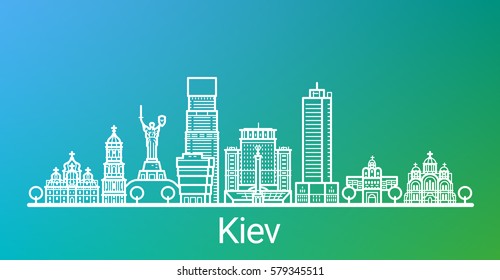 Kiev city white line on colorful background. All Kiev buildings - customizable objects with opacity mask, so you can simple change composition and background. Line art.