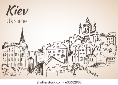 Kiev cityscape sketch with bridge. Isolated on white background