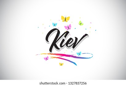 Kiev Handwritten Word Text with Butterflies and Colorful Swoosh Vector Illustration Design.