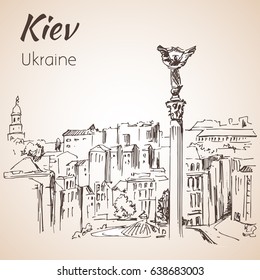 Kiev Independence Square Maidan cityscape sketch. Isolated on white background.