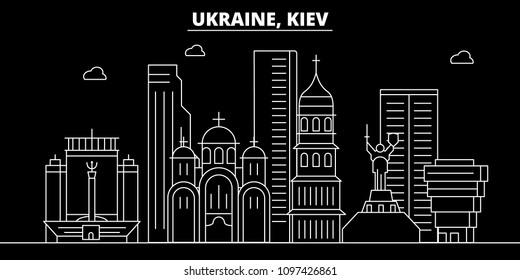 Kiev silhouette skyline. Ukraine - Kiev vector city, ukrainian linear architecture, buildings. Kiev travel illustration, outline landmarks. Ukraine flat icon, ukrainian line banner