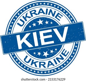 KIEV stamp imprint with distress texture. Blue vector rubber seal imprint of KIEV tag with corroded texture. Seal has words arranged by circle and globe symbol.