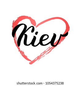 Kiev - trendy brush hand lettering with heart. Isolated on white background. Greetings for t-shirt, mug, card, logo, tag, postcard, banner. Drawn art sign. Vector illustration.