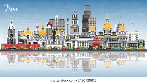 Kiev Ucrania horizonte de la ciudad con edificios de color, cielo azul y reflejos. Ilustración vectorial. Paisaje urbano de Kiev con puntos de referencia. Concepto de viajes de negocios y turismo con arquitectura histórica.