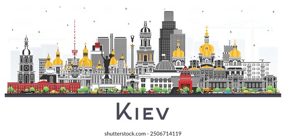 Kiev Ucrania skyline de la ciudad con edificios de color aislados en blanco. Ilustración vectorial. Paisaje urbano de Kiev con Lugares famosos. Viajes de negocios y concepto de turismo con arquitectura histórica.