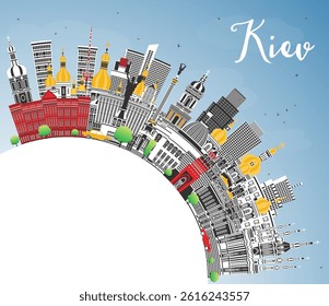 Kiev Ukraine city skyline with color buildings, blue sky and copy space. Vector illustration. Kyiv cityscape with landmarks. Business travel and tourism concept with historic architecture.